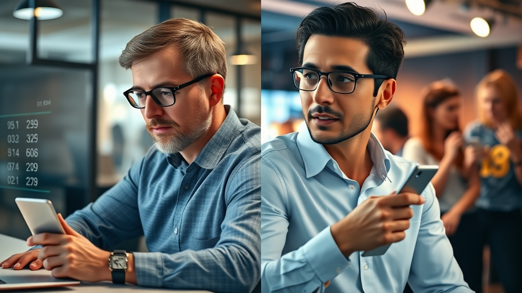 Side-by-side analysis: data analyst with quantitative reputation scores and PR specialist reviewing qualitative brand sentiment.