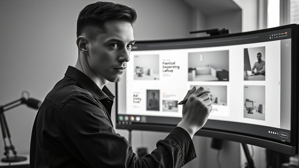 Designer creating responsive digital display ad layouts using common ad sizes