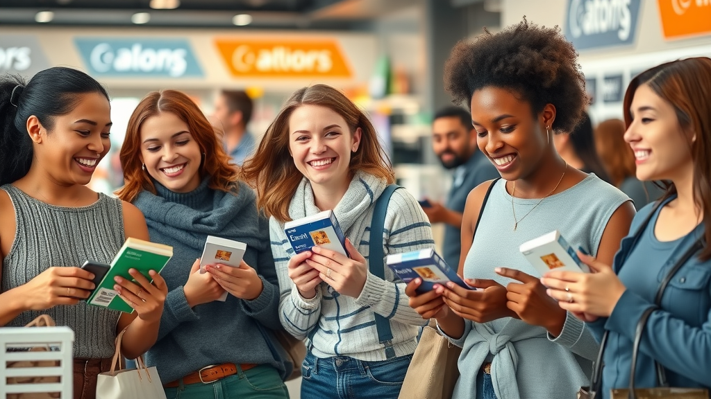 diverse customers interacting with branded products, displaying brand loyalty and recognition