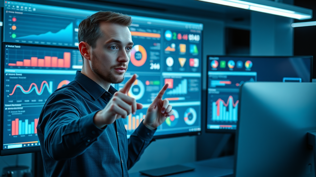 Sleek digital dashboard for brand management, marketer interacting with analytics and branding assets