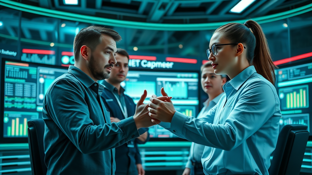 high-performance digital marketing agency team collaborating with advanced technology in futuristic control room