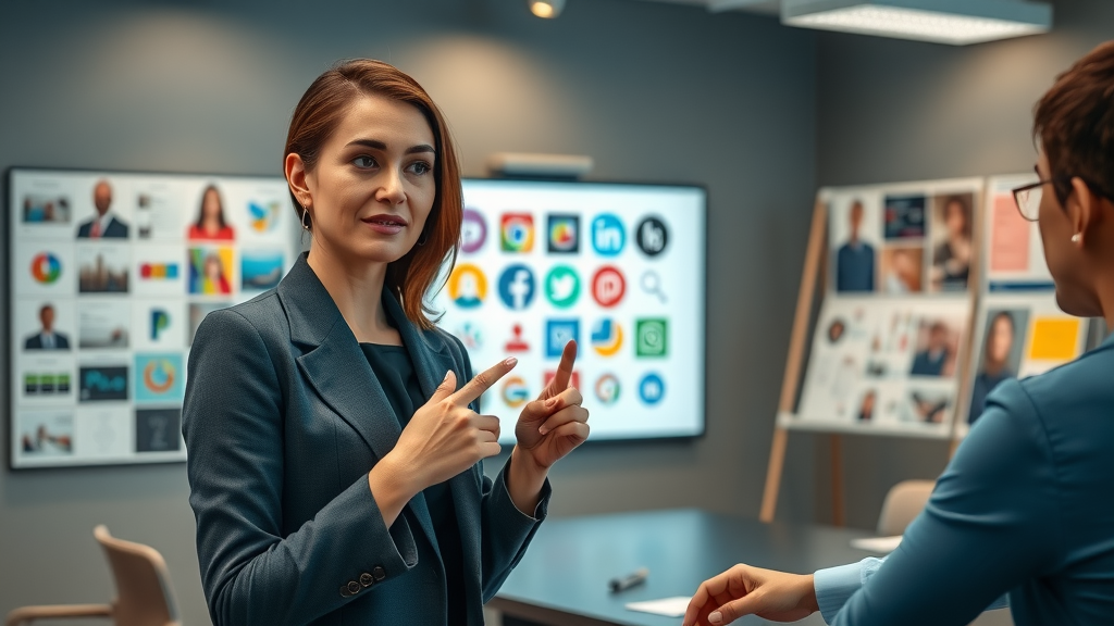 professional presenting branding icons on digital screen showcasing visual identity and brand values