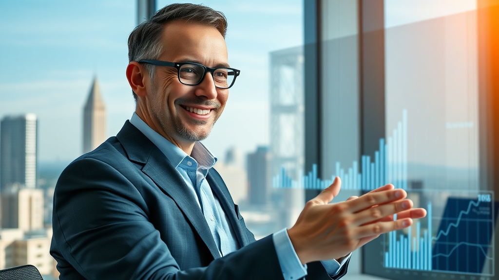 corporate branding, successful business leader analyzing positive brand growth metrics on digital dashboard