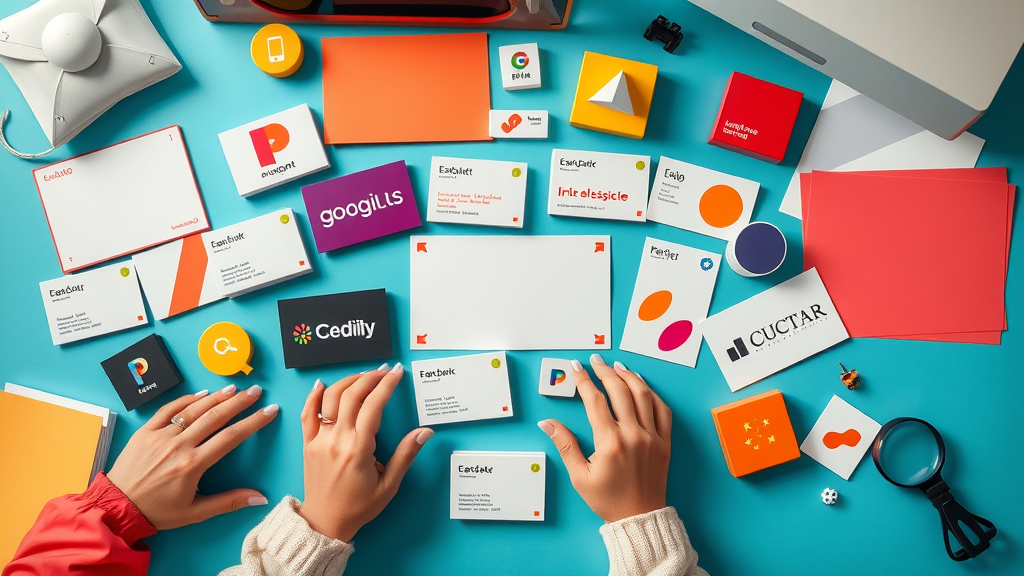 flat lay of essential brand identity assets including business cards, colorful logos, and color swatches for visual brand development