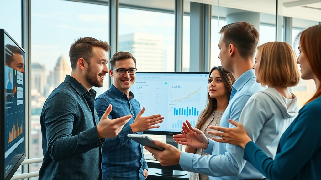 Dynamic digital marketing team collaborating on social media analytics, avoiding social media advertising mistakes, modern office