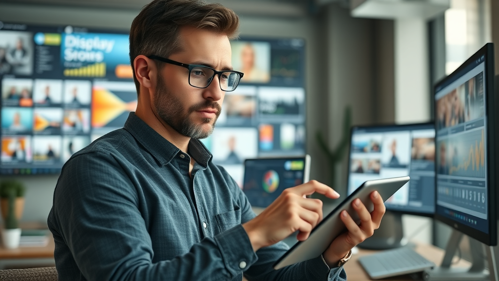 display ad targeting strategy with digital marketer adjusting campaign settings on modern workspace with analytics