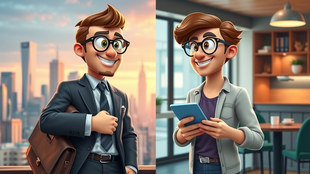 B2B and B2C marketers contrasted split scene content marketing dialogue