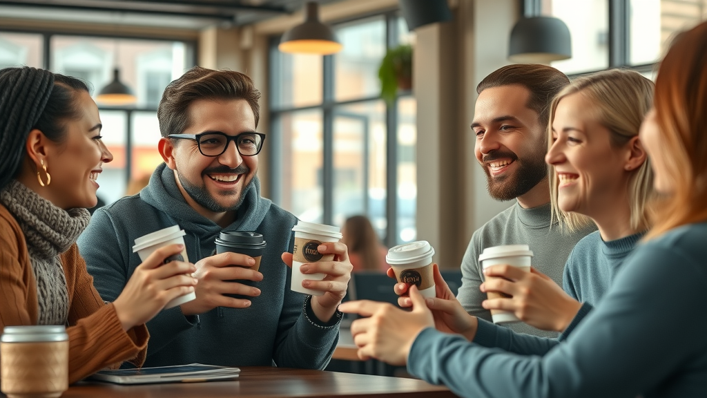 Happy customers interacting with branded products in a modern cafe setting representing brand loyalty
