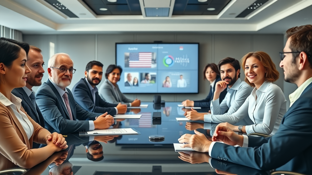 diverse corporate boardroom discussion strengthening organizational reputation. Engaged executive team in a digital brand setting.