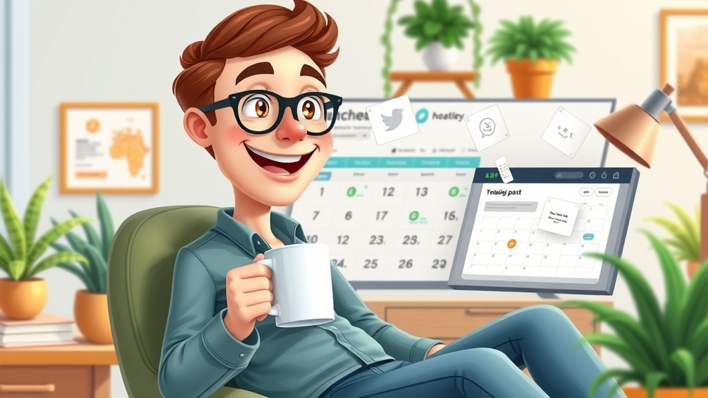 Digital marketer browsing a scheduled posts dashboard, showcasing media scheduling