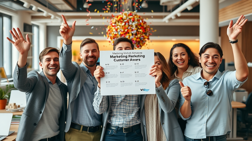 small business team celebrating marketing campaign success with a trophy