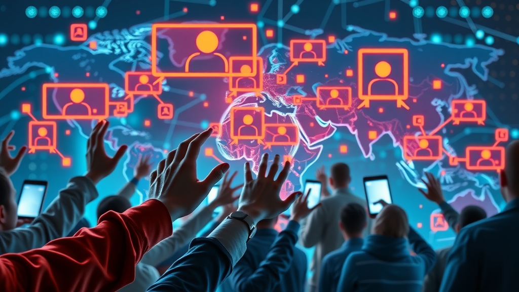 dynamic infographic of global internet users engaged with digital ad banners and devices for display advertising platforms, cinematic futuristic digital map background, network lines connecting users worldwide, glowing animation effect, vibrant blue and orange