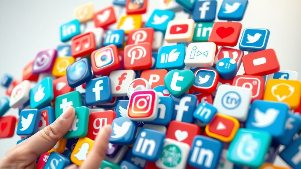 social media platform icons collage representing Facebook, Instagram, LinkedIn, TikTok, Twitter, Pinterest, YouTube