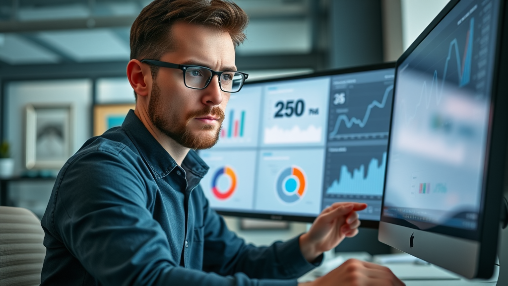 paid advertising digital marketer analyzing ad metrics dashboard on a screen with performance charts