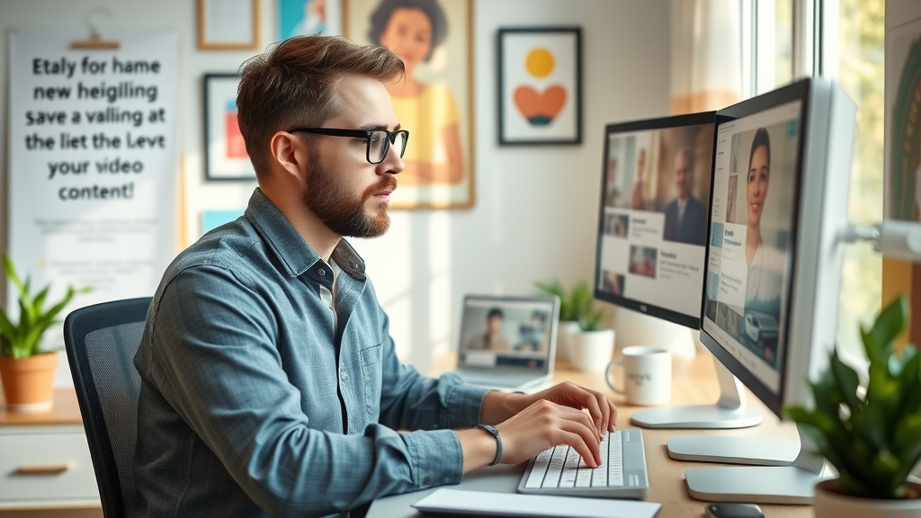 content marketer writing blog posts, reviewing video content drafts, modern home office