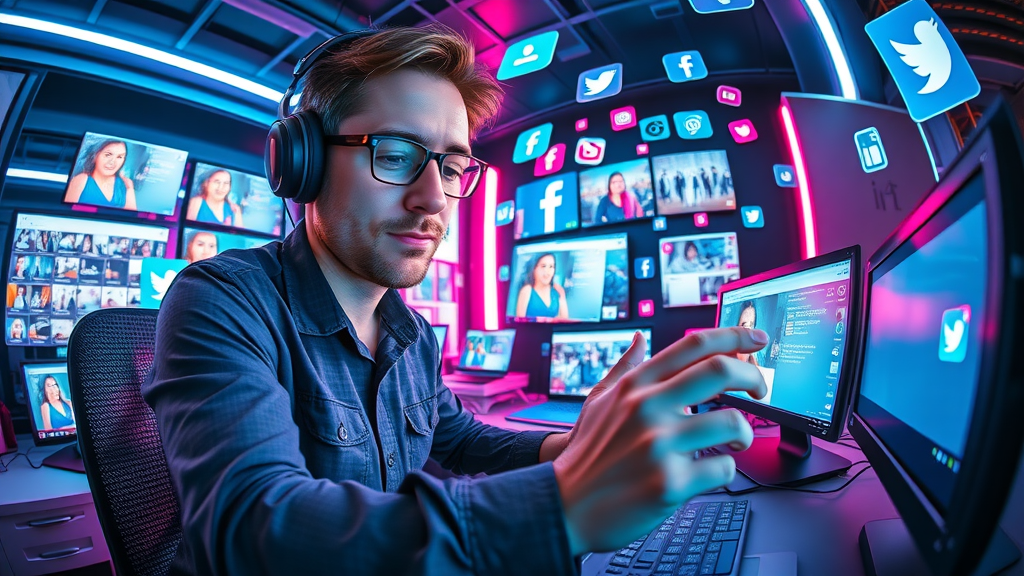 social media manager enhancing brand presence with multiple digital devices and floating social icons