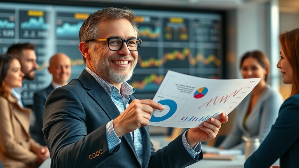 confident brand manager explaining customer perception insights with charts, customer perception