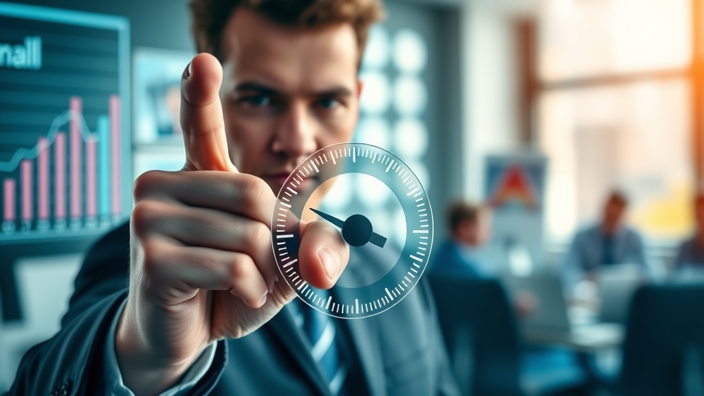 analytical hand adjusting KPI gauge on social media analytics dashboard