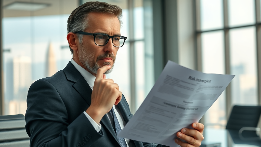 reputation risk business leader reviewing risk report in modern executive boardroom, cityscape view