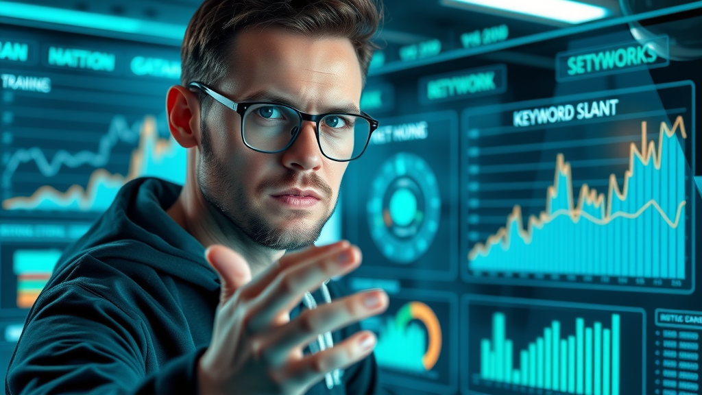 Marketing pro using high-tech dashboard to analyze SEO keyword rankings and optimize online marketing strategies