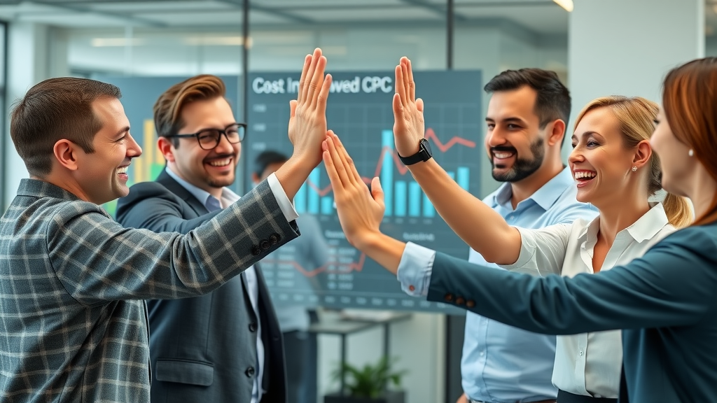 business team celebrating reduction in cost per click display ads and improved ROI