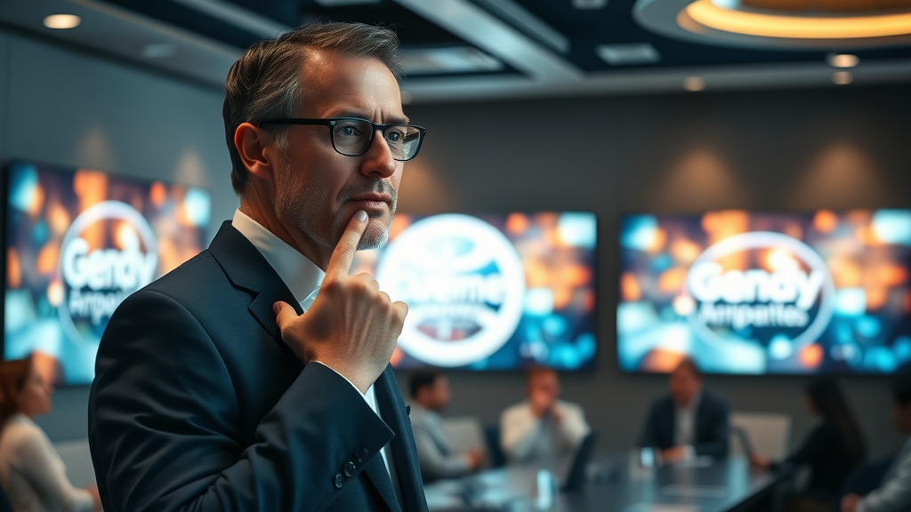 brand equity visual - confident leader presenting illuminated brand logo in modern conference room