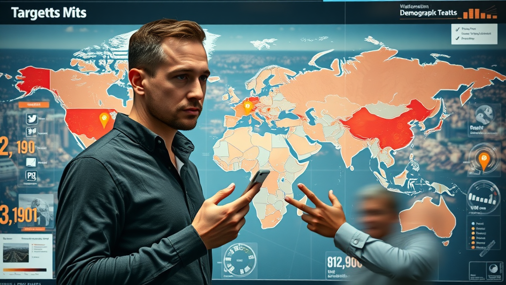 marketers reviewing location-based demographics and heatmaps for banner advertising targeting, global digital map interface