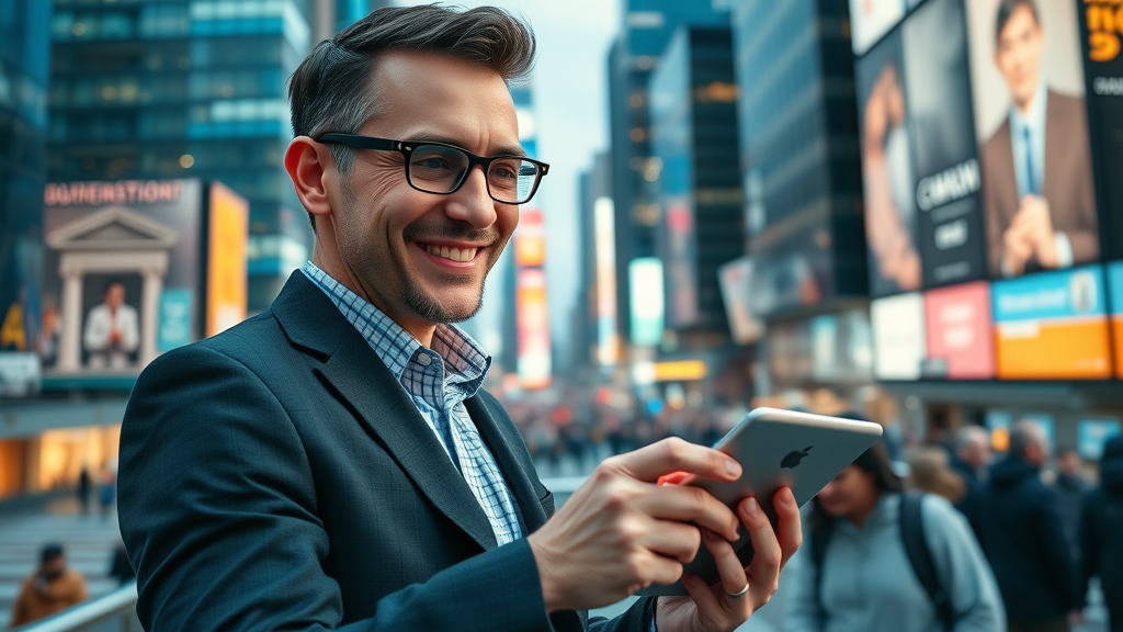 forward-thinking marketing strategist engaging online audiences for reputation growth. Digital connectedness in a futuristic urban setting.