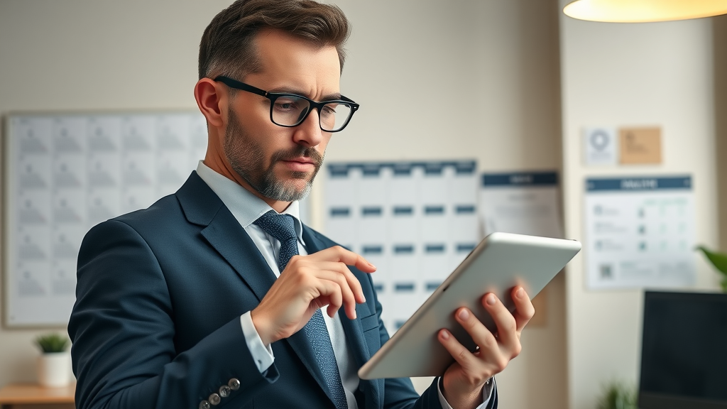 motivated business leader using reputation marketing checklist on digital tablet