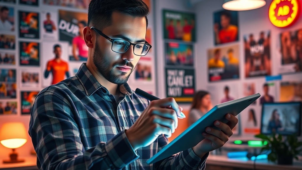 Creative professional designing vibrant social media ad creative in a modern design studio