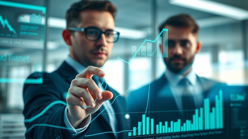 digital marketing agency impactful data visualization, business graph upward trend, executives analyzing analytics on transparent digital screens