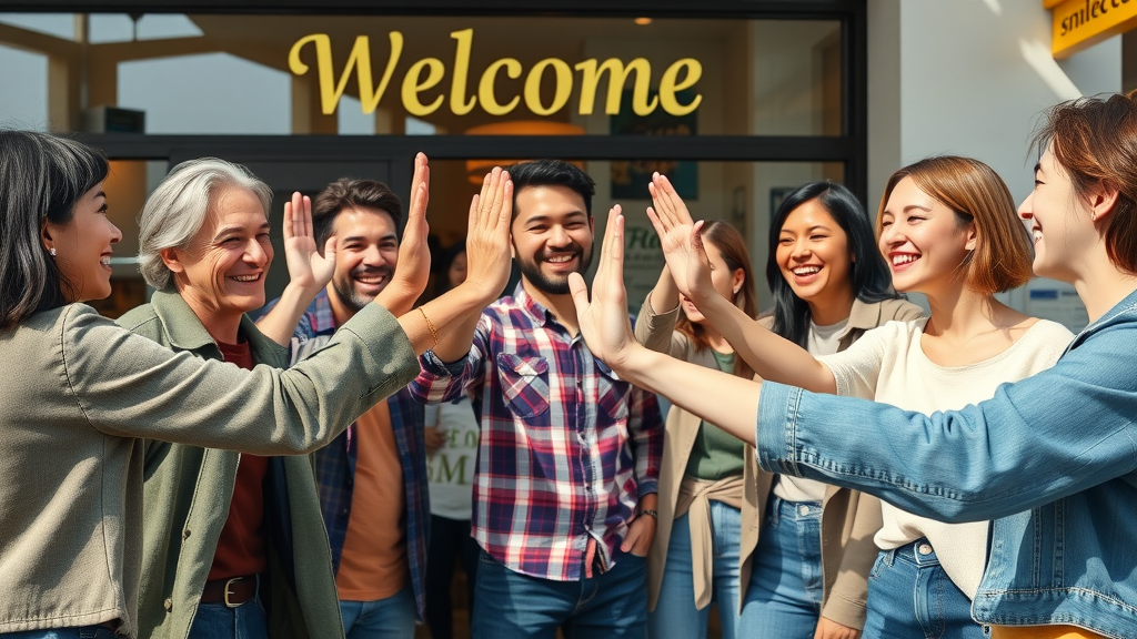 Happy group of diverse local customers giving high fives outside a shop | word of mouth local business marketing
