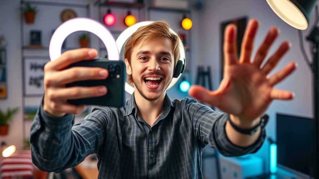 dynamic social media influencer recording short video reel - social media content creator