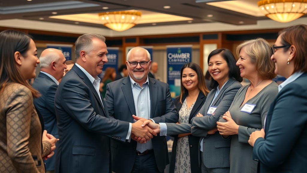 Group of local business leaders shaking hands at Chamber of Commerce event | chamber of commerce local business marketing