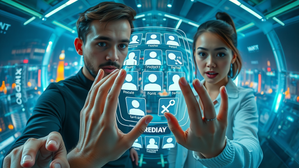 Users exploring innovative new social media platforms against a futuristic holographic background