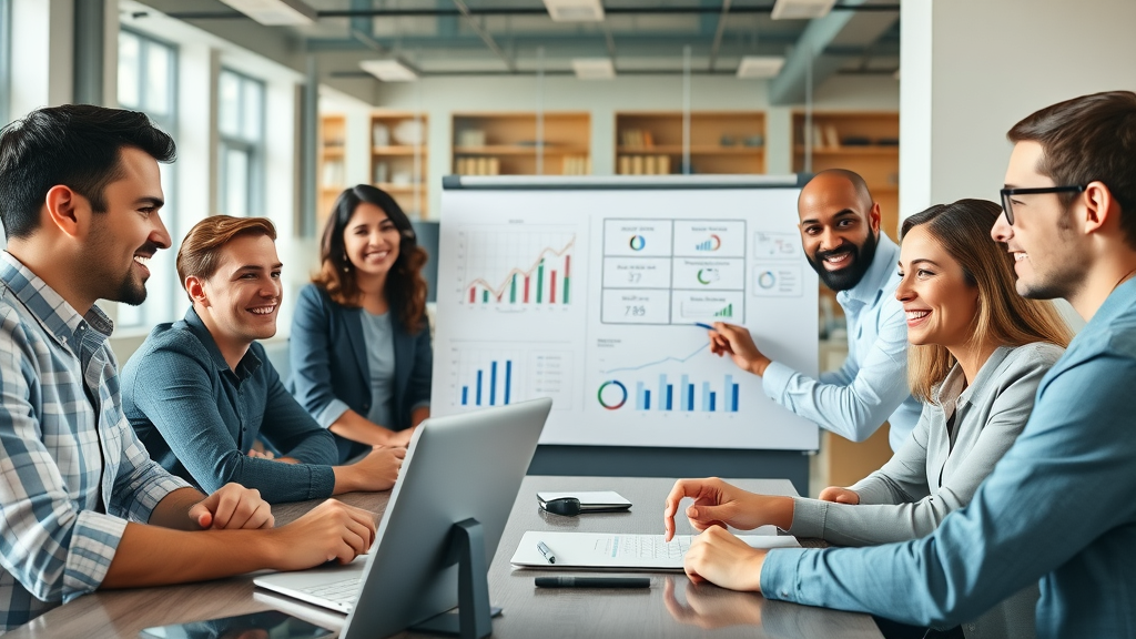 dynamic professional business team brainstorming content marketing strategies, confident expressions, collaborating around laptops and whiteboard, modern office setting content marketing