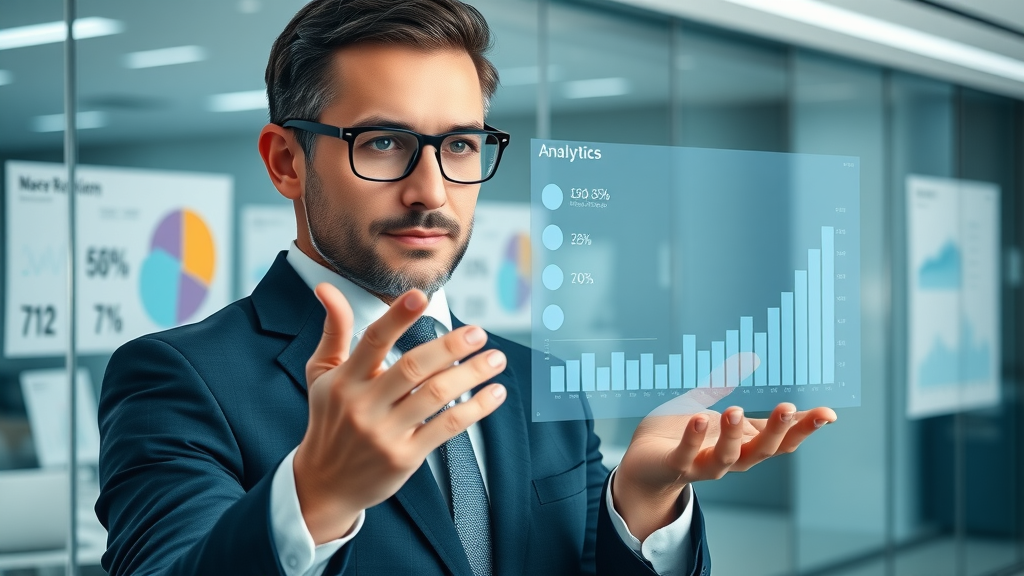 sophisticated business professional reviewing digital reputation analytics. Online reputation management visualization with transparent screen and data trends.