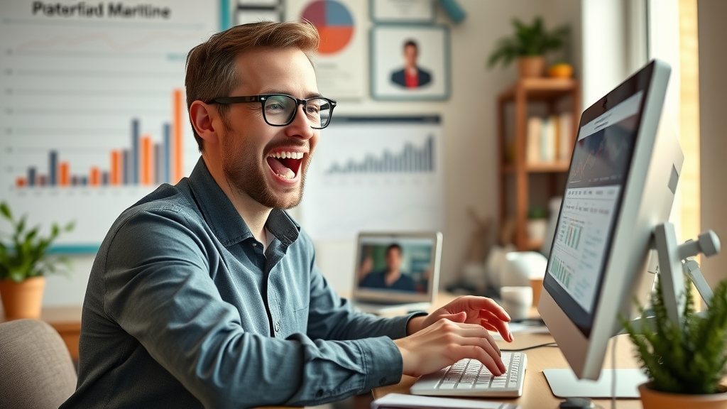 paid ads entrepreneur launching first digital ad campaign with analytics on screen in a home office