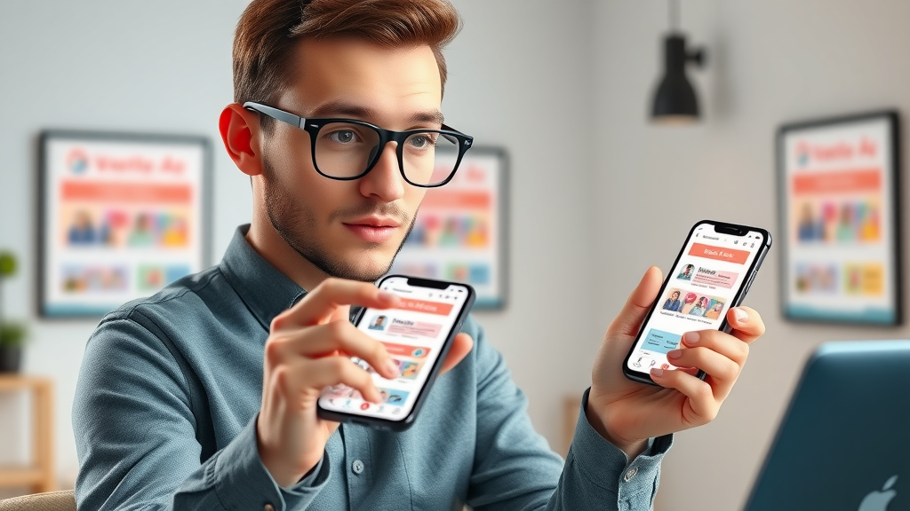 designer testing mobile-responsive banner ads on smartphone screens, creative studio environment