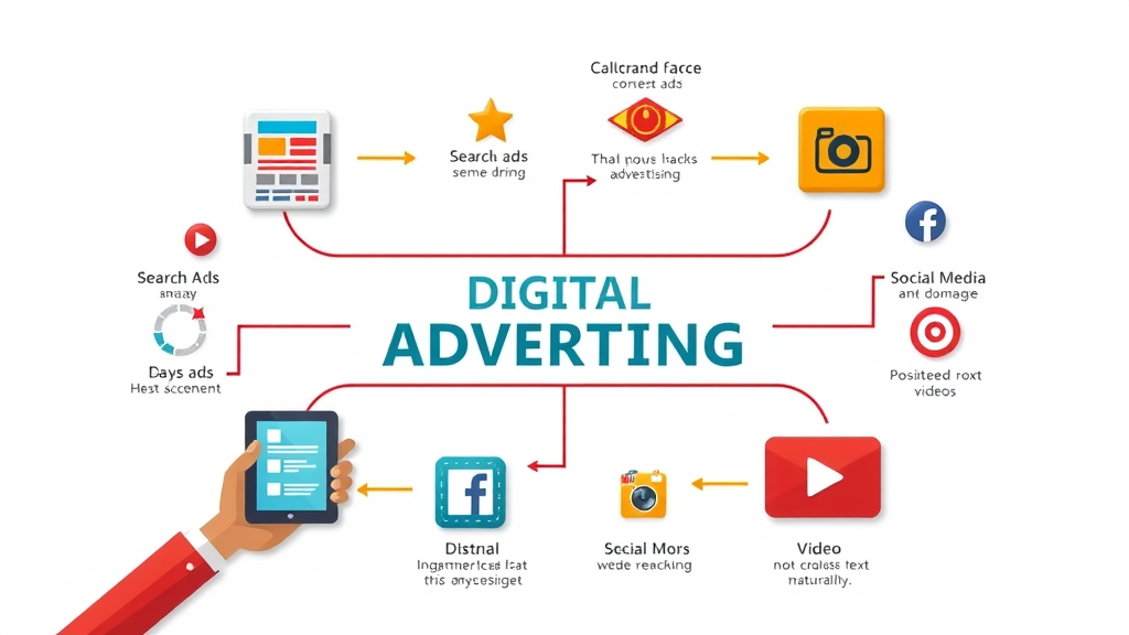 types of paid advertising infographic digital advertising channels vibrant icons connecting search ads display ads social media ads and video