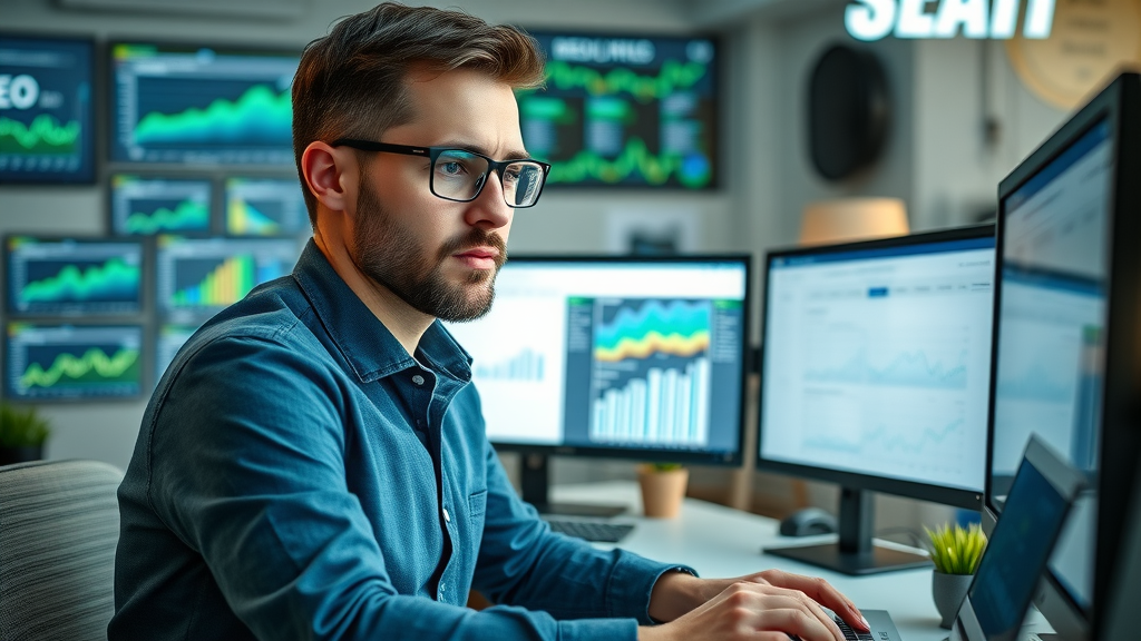 small business owner optimizing search engine strategy using Google Analytics