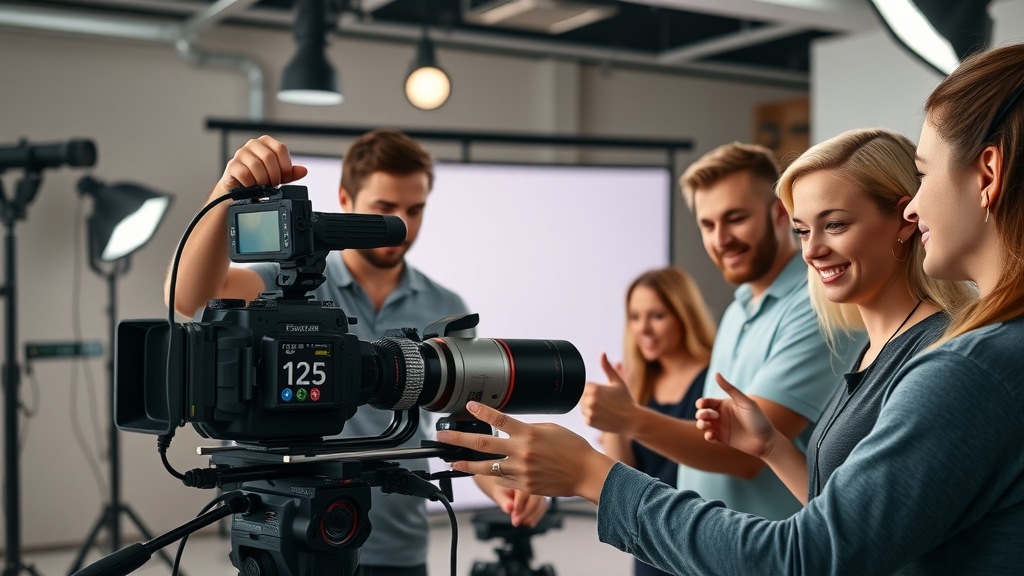 video ad creative marketing team producing a video ad in a professional studio with cameras and lighting