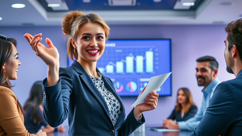 Successful businesswoman presenting rising campaign performance graphs to a proud team in a bright conference room
