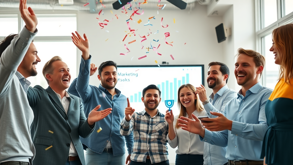 Marketing team celebrating successful digital display marketing campaign results