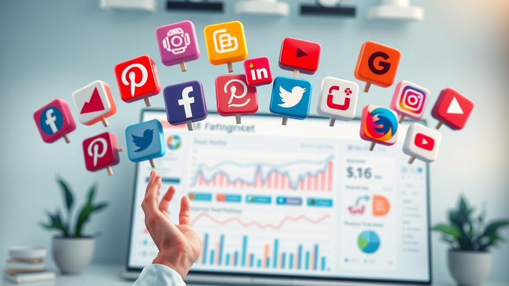 Various social media platform logos interconnected above a marketing analytics dashboard, foundational to social media advertising