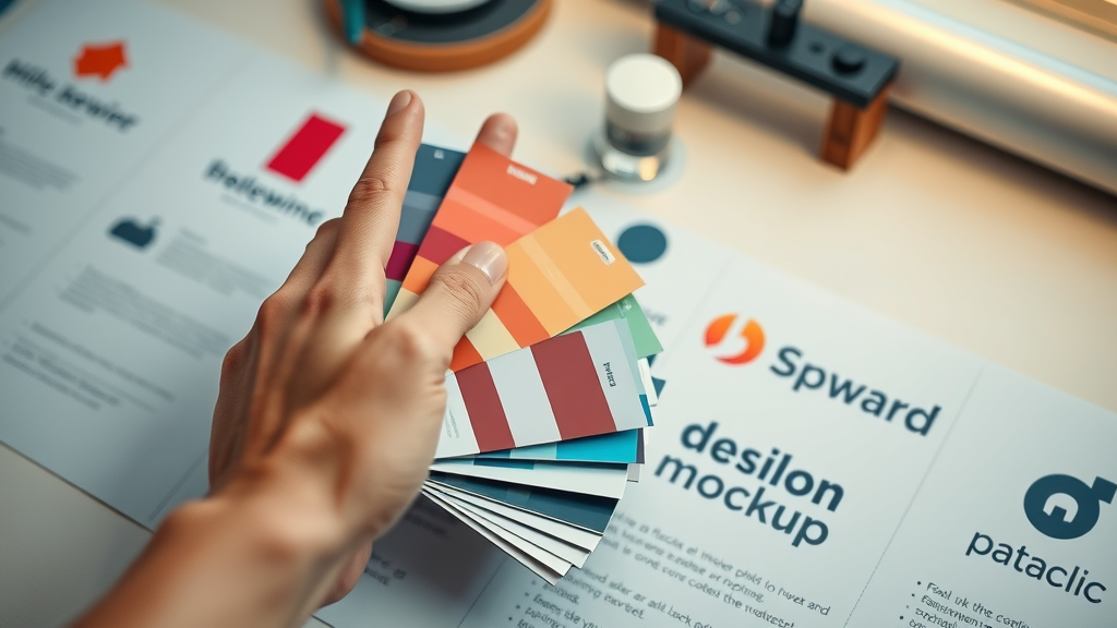 designer arranging color palette samples and brand identity visual mockups for a strong brand