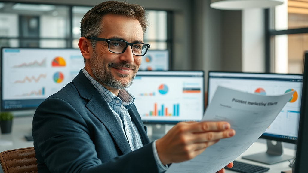 content marketer reviewing strategy plan on digital dashboard, modern workspace