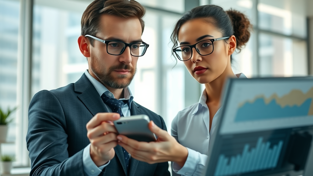 social media marketing analytics, business professionals reviewing graphs in modern office setting