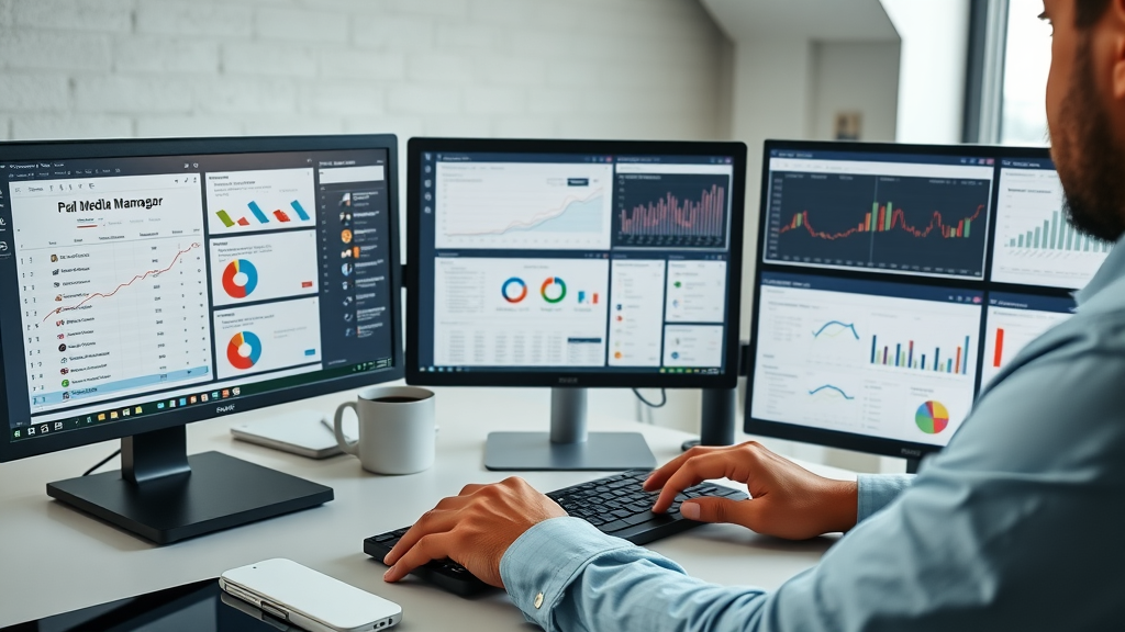 Organized marketer arranging paid media management tools and dashboards, paid media strategy
