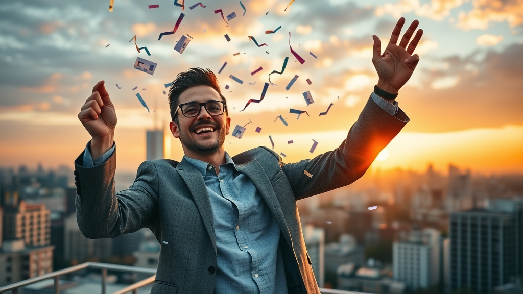 high-spirited marketer celebrating breakthrough social media analytics results on city rooftop